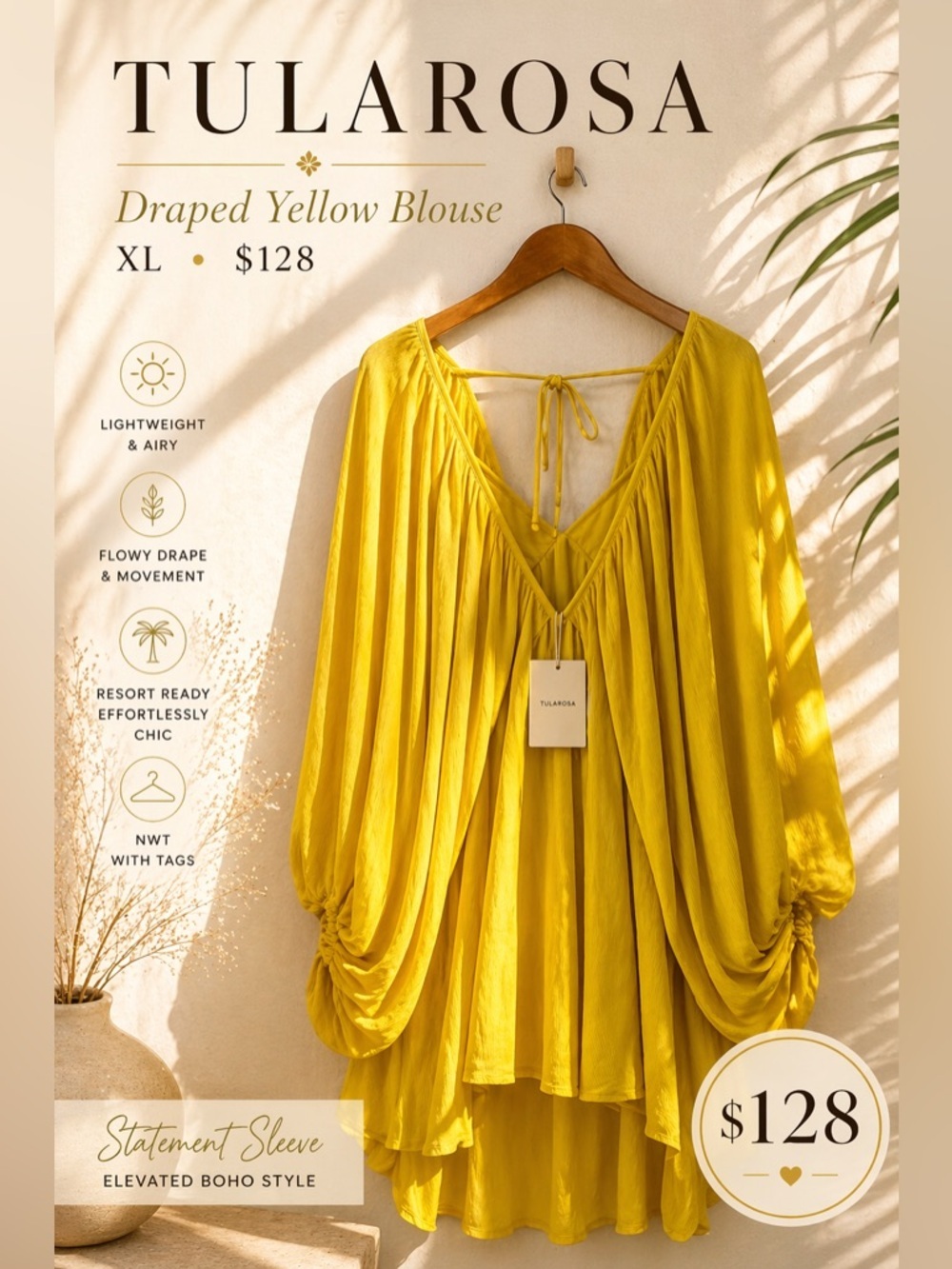 Tularosa Yellow Draped Boho Blouse XL NWT Statement Sleeve Top
